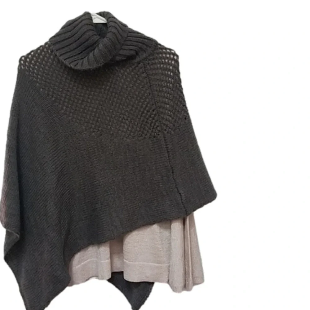 COTE Femme France Knit Asymmetrical Gray Mohair Blend Pancho Funnel Neck Collar